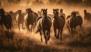 paarden rennen in weide Bij zonsondergang gegenereerd door ai foto