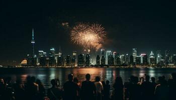 verlichte stad horizon ontsteekt viering met vuurwerk gegenereerd door ai foto