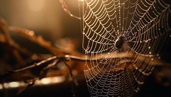 spin spins web, dauw druppels glinsteren in zonlicht gegenereerd door ai foto