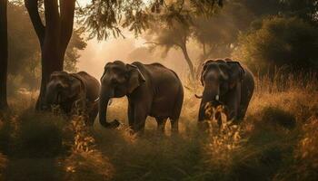 Afrikaanse olifant kudde begrazing in rustig savanne gegenereerd door ai foto