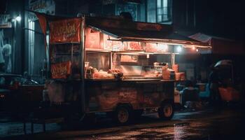 gegrild varkensvlees verkocht door nacht markt verkoper gegenereerd door ai foto