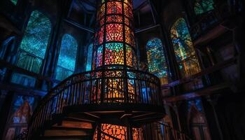 verlichte gotisch basiliek met gebrandschilderd glas ramen gegenereerd door ai foto