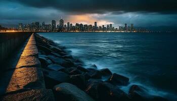 verlichte stad horizon weerspiegelt Aan kalmte water gegenereerd door ai foto