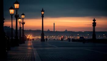 silhouet van beroemd minaret terug lit Bij schemer gegenereerd door ai foto