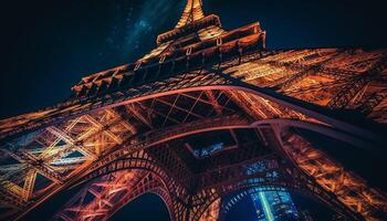 majestueus eiffel toren verlicht Parijs Bij nacht gegenereerd door ai foto