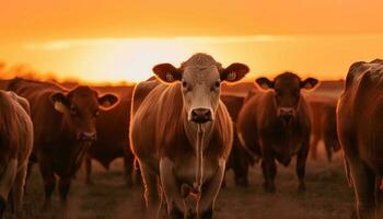 kudde begrazing Aan groen weide Bij zonsondergang gegenereerd door ai foto