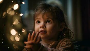 schattig Kaukasisch kleuter lachend, genieten van Kerstmis boom vreugde gegenereerd door ai foto