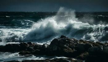breken golven verstuiven schuim Aan rotsachtig kustlijn gegenereerd door ai foto