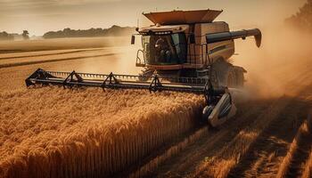 gouden tarwe geoogst Bij zonsondergang met combineren oogstmachine gegenereerd door ai foto