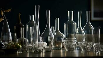 transparant wijn fles en glas Aan tafel gegenereerd door ai foto