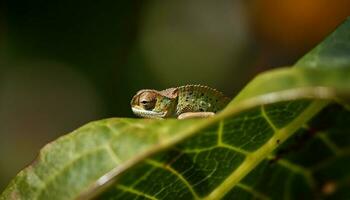 multi gekleurde gekko kruipt Aan groen blad gegenereerd door ai foto