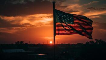 patriottisch vlag golven in dramatisch zonsondergang lucht gegenereerd door ai foto