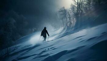 een persoon skiën naar beneden een besneeuwd berg gegenereerd door ai foto