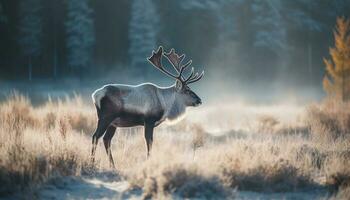 gehoornd hert staat in rustig winter Woud gegenereerd door ai foto