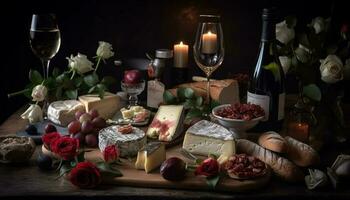 fijnproever maaltijd wijn, kaas, brood, en prosciutto gegenereerd door ai foto