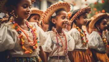 groep van mensen in traditioneel kleding dansen gelukkig gegenereerd door ai foto