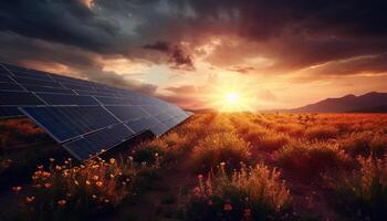 zonsondergang lucht, zonne- paneel genereert hernieuwbaar elektriciteit gegenereerd door ai foto