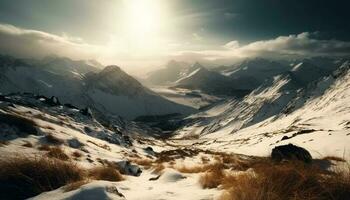 majestueus berg bereik, rustig tafereel, bevroren schoonheid gegenereerd door ai foto
