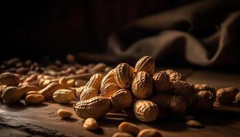 nootachtig snacks Aan jute tafelkleed, gezond aan het eten gegenereerd door ai foto