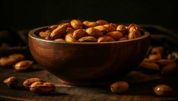 gezond noten en zaden in rustiek kom gegenereerd door ai foto