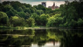 rustig reflectie van boom in vijver water gegenereerd door ai foto