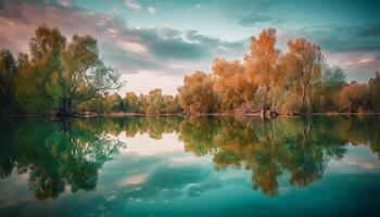 rustig tafereel van herfst landschap, reflecterend schoonheid gegenereerd door ai foto