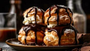 geslagen room, chocola saus, eclair toegeeflijkheid gegenereerd door ai foto