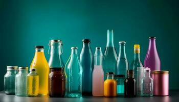 multi gekleurde glas flessen bevatten vers levendig vloeistoffen gegenereerd door ai foto