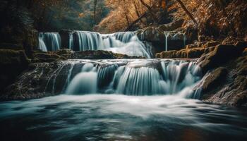 glad vloeiende water vallend over- majestueus rotsen gegenereerd door ai foto