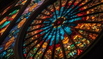 gebrandschilderd glas venster verlicht overladen gotisch architectuur gegenereerd door ai foto
