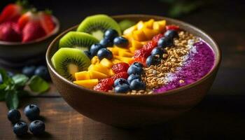 gezond kom van yoghurt, bessen, en muesli gegenereerd door ai foto