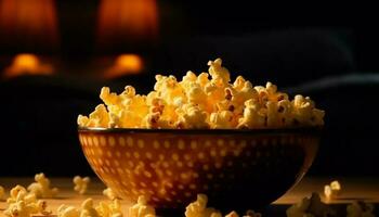 vers popcorn in geel kom voor film nacht gegenereerd door ai foto