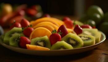 vers fruit salade met rijp bessen en kiwi gegenereerd door ai foto