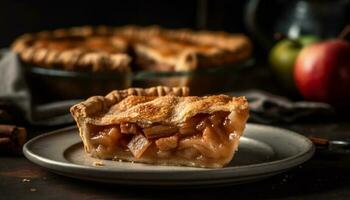 vers gebakken appel taart Aan rustiek houten bord gegenereerd door ai foto
