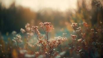 zonsondergang weide, wilde bloemen bloeien in natuur schoonheid gegenereerd door ai foto