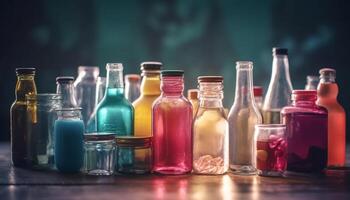 multi gekleurde vloeistof in glas fles voor wetenschappelijk experiment gegenereerd door ai foto