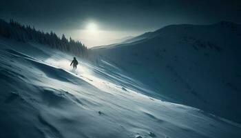 een persoon skiën naar beneden berg piek, extreem terrein generatief ai foto