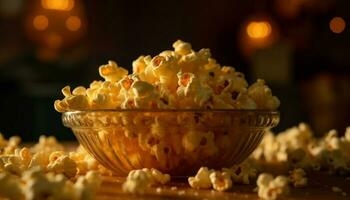 vers popcorn in geel emmer voor film nacht gegenereerd door ai foto