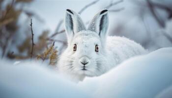 pluizig konijn zit in sneeuw, op zoek schattig gegenereerd door ai foto