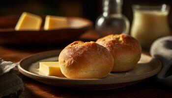 vers gebakken brood en zoet broodjes Aan tafel gegenereerd door ai foto