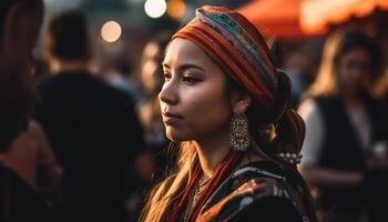 jong volwassenen en Dames glimlachen in stad nachtleven gegenereerd door ai foto