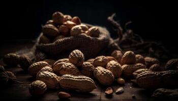 gezond aan het eten nootachtig snacks Aan rustiek tafel generatief ai foto