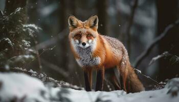 rood vos zittend in sneeuw, op zoek schattig generatief ai foto