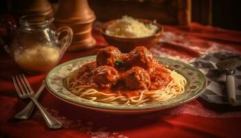 eigengemaakt gehaktballen met bolognese saus en pasta generatief ai foto