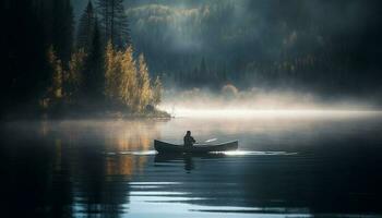een persoon peddelen kano in rustig Woud generatief ai foto