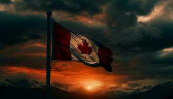Canadees vlag golvend majestueus over- besneeuwd berg reeks generatief ai foto