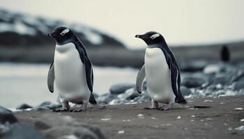 gentoo pinguïns waggelen Aan besneeuwd antarctisch kustlijn generatief ai foto