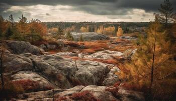 geel bladeren sieren rustig Woud, herfst schoonheid in overvloed generatief ai foto