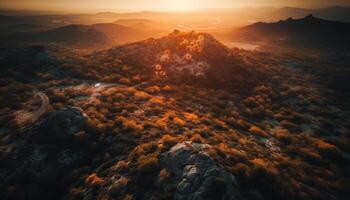 majestueus berg bereik, rustig zonsondergang, schoonheid in natuur generatief ai foto