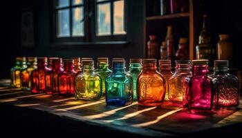 multi gekleurde glas flessen Aan houten tafel generatief ai foto